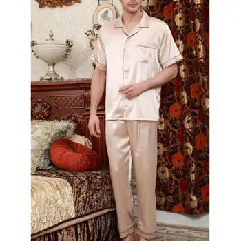 

2Pcs/Set Men Casual Short Sleeve Turn Down Collar Top Pants Pockets Pajamas Sleepwear Set Pockets Soft Cozy Satin Nightgown Men