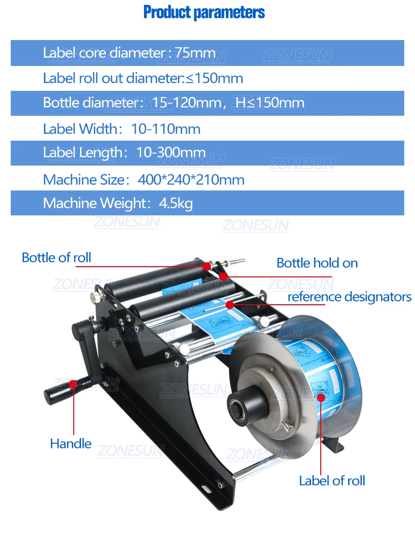 ZONESUN ручная круглая Этикетировочная машина с ручкой этикетка аппликатор для стеклянной металлической бутылки упаковочная машина