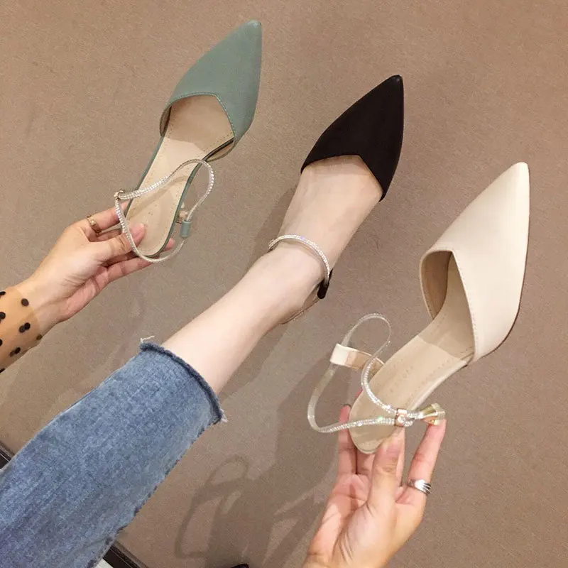 

A- line with Man-made Diamond Sandals Women's Low-Cut 2019 Summer New Style Korean-style Fairy Wind Versatile Pointed-Toe High-h