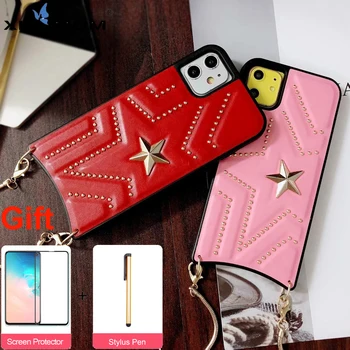 

Star Phone Case Cover Metal Chain for IPhone 11 Pro Max X XR Xs Max 6s 7P 8 Plus Gift Tempered Glass Protective Film