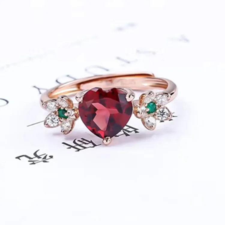 

Adjustable Strobe Ring Gem Exquisite Crystal Accessories Hot Sales Hot Selling Heart Shape 925 Silver Natural Red Garnet Ring