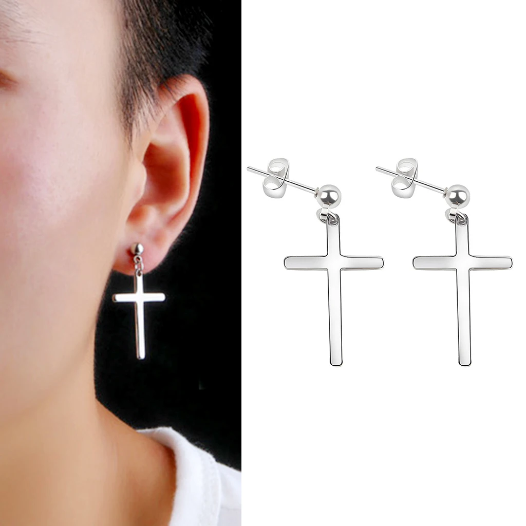 2 Pieces Religious Christ Cross Dangle Earrings Ball Studs with Stoppers Ear Piercings with Stoppers Pair
