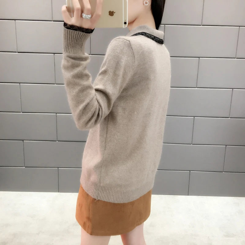 Goedkoop TIGENA Elegante Kant Turn down Collor Trui Vrouwen Jumper 2019 Herfst Winter Lange Mouw Gebreide Trui Vrouwelijke Kaki