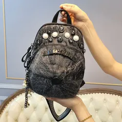 Women's Backpack Denim Handbags 2021 Female Shopper Fashion Individuality Rivet Rhinestones Hat Shape Multifunctional Schoolbags