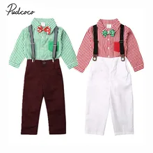 Коллекция года, брендовый Рождественский костюм для маленьких мальчиков полосатая футболка с принтом+ штаны на подтяжках, комплект одежды, Осенний Школьный костюм для мальчиков