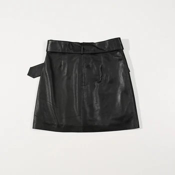 

Women Black Skirts Genuine Leather High Waist Rivet Belt Decoration Slim Fit Korean Fashion Ladies Short Skirts Real Sheepskin