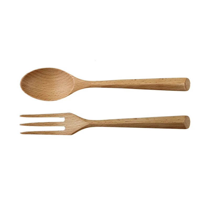 fork and spoon 19cm 2pcs Japanese wooden spoon fork set table solid wood spoon fruit fork three teeth fork tableware - Цвет: fork and spoon