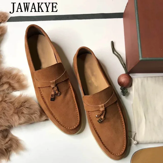 JAWAKYE/разноцветные удобные женские туфли из натуральной замши на плоской подошве; повседневная женская обувь с круглым носком, украшенная металлическим замком - Цвет: brown