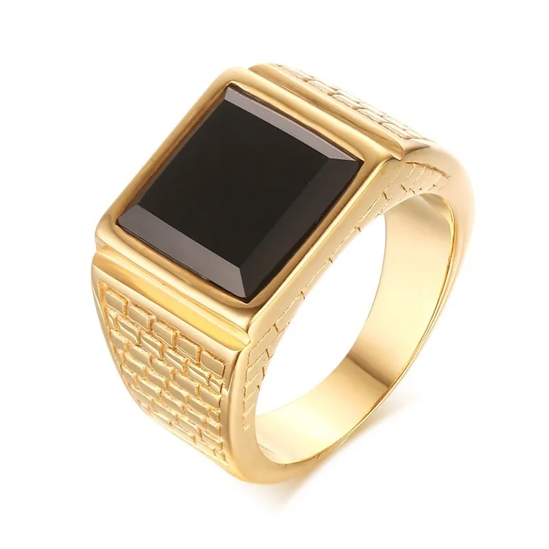 Vantage квадратное Золотое кольцо для мужчин черный камень мужские ювелирные изделия из нержавеющей стали большой размер 7 до 13