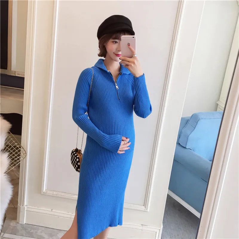 

A983# Autumn Winter Korean Fashion Knitted Maternity Sweaters Bodycon Slim Elegant Long Dress for Pregnant Women Split Pregnancy