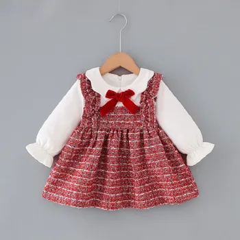 

Winter Baby Girls Long Sleeve Lapel Collar Bow Patchwork Plaid Print Kids Princess Children's Party Dress vestidos