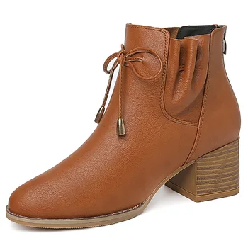 

Fashion Women Shoes PU Leather Women Ankle Boots Square Heels Pleated Round Toe Zip Women Autumn/Winter Boots 3-106