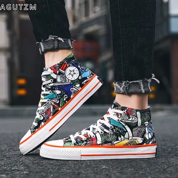 

Men's High Top Vulcanized Shoes Casual Printing Classic Design Canvas Shoes Man Spring Autumn Lace-up Leisure Shoes Male f102