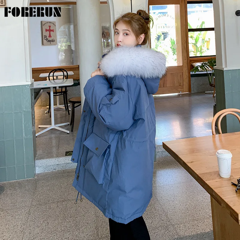 

FORERUN Oversized Down Jacket Large Fur Hooded Big Pockets Safari Style Cotton Padding Winter Warm Parka -25centigrade