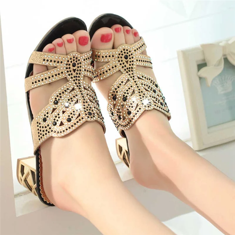 

Women Rhinestone Slippers For Women Fashion Open Toe Shoes Bohemia Heels Shoes Woman Summer Women Slippers Zapatos Mujer