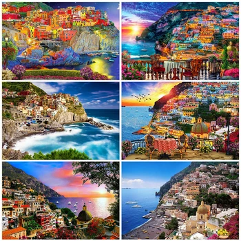 

HUACAN Full Drill Square Diamond Embroidery Town Craft Kit Sale 5D DIY Diamond Painting Landscape Mosaic Seaside Handmade Gift