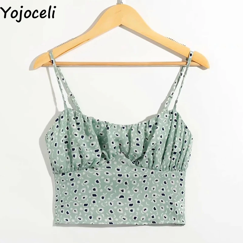 Зеленый Yojoceli, элегантные, с цветочным принтом, плиссированные, короткие, Топики, для женщин, летние, сексуальные, шифон, на бретелях, майка, повседневные, пляжные, милые топы для женщин - Цвет: Зеленый
