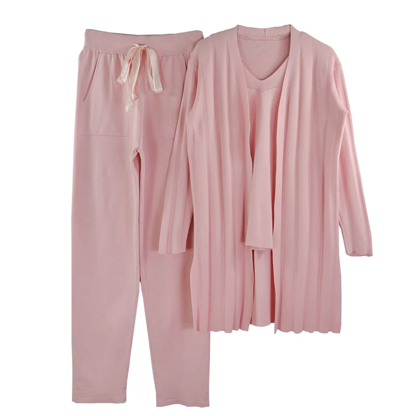 Msirlru осенние трикотажные костюмы для женщин, однотонные Длинные кардиганы и жилет, пуловер, топы и брюки, комплект из 3 предметов - Цвет: Розовый