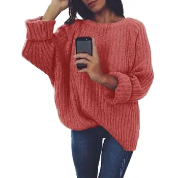 

Casual Women Autumn O Neck Long Sleeve Solid Color Pullover Knitted Sweater