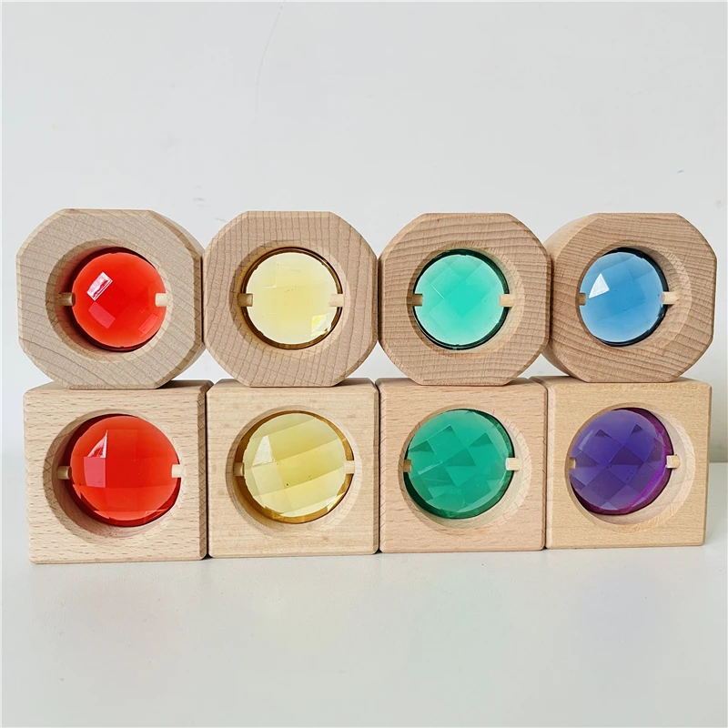 4pcs Wooden Gem Blocks Light Transmission Rainbow Stacking Toys Openend Play Transparent Blocks