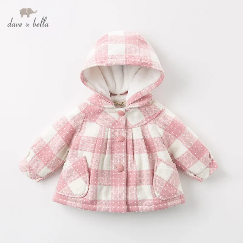 DBZ11943 dave bella/осенне-зимнее милое клетчатое пальто со съемным капюшоном для маленьких девочек детские топы, модная верхняя одежда для малышей