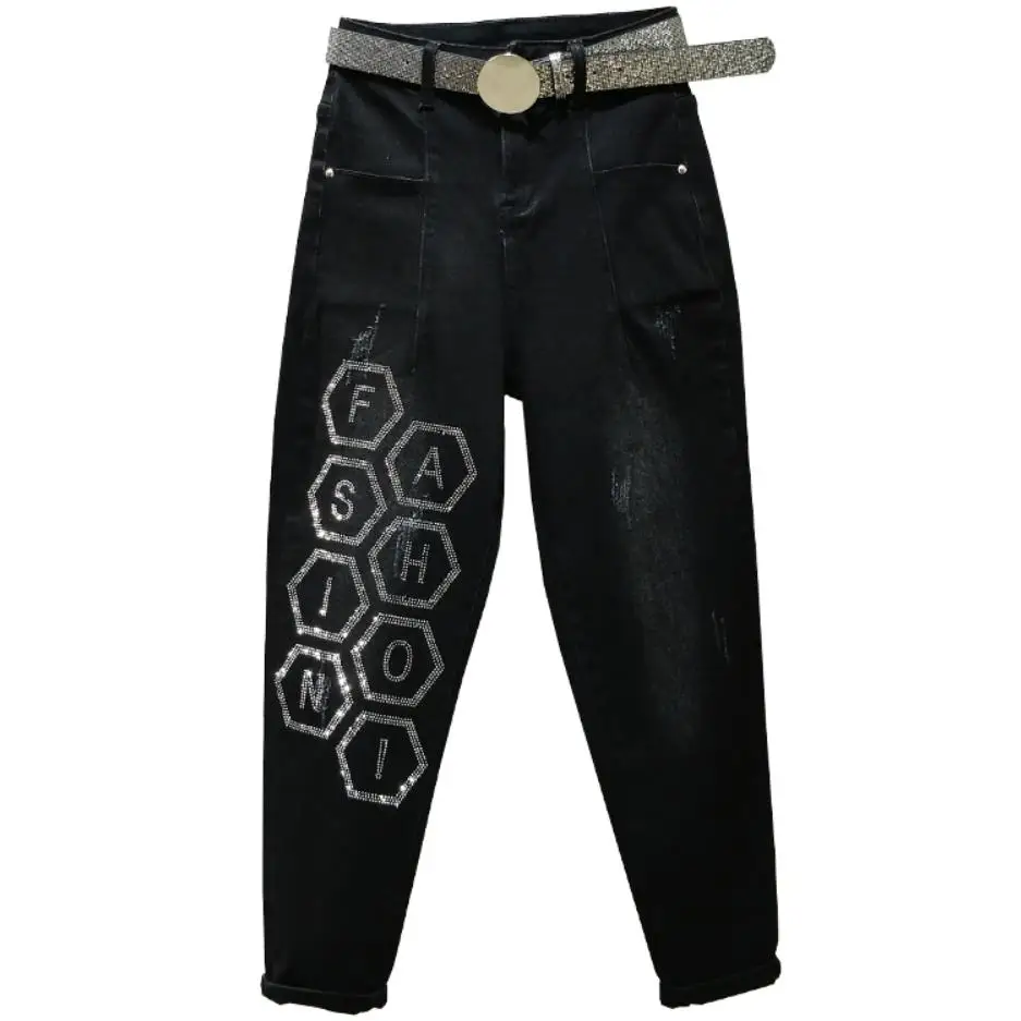 Новая буква со стразами черные джинсы женские осенние свободные шаровары с высокой талией Плюс Размер 27-32