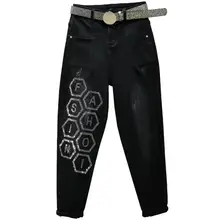 Новая буква со стразами черные джинсы женские осенние свободные шаровары с высокой талией Плюс Размер 27-32