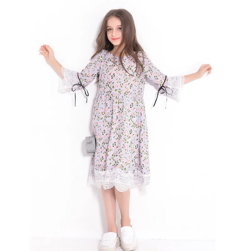 Летнее элегантное платье с цветочным принтом для девочек; детское кружевное шифоновое платье с кисточками; Летние Повседневные платья трапециевидной формы с длинными рукавами для девочек