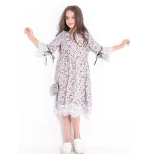 Летнее элегантное платье с цветочным принтом для девочек; детское кружевное шифоновое платье с кисточками; Летние Повседневные платья трапециевидной формы с длинными рукавами для девочек