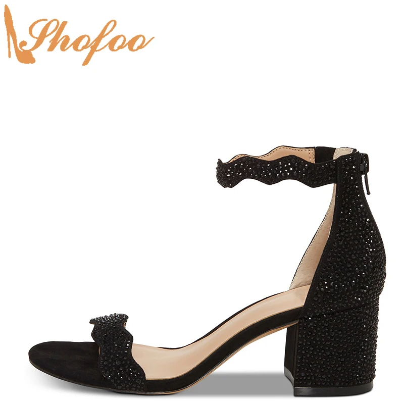 Black High Chunky Heels Crystal Scalloped Straps Sandals Woman Zipper