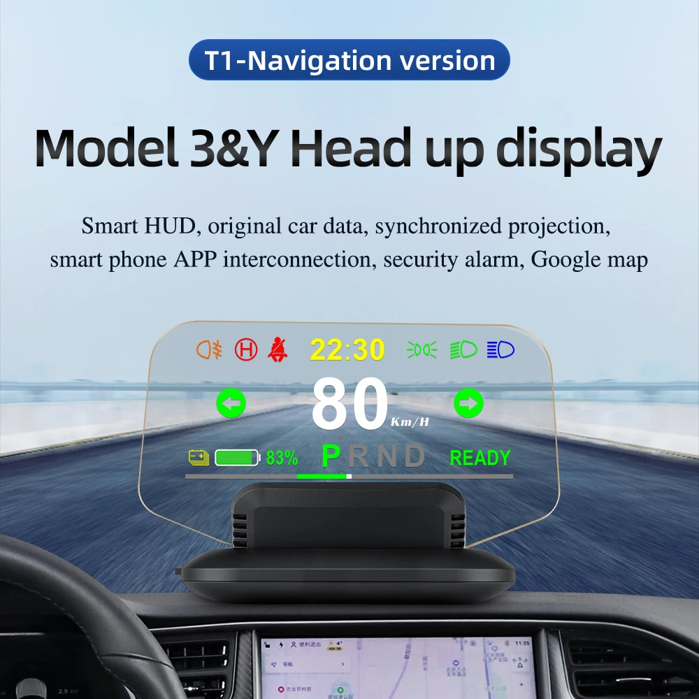 Car Head Up For Tesla Model3 / Y T1-Hud Mirror Display Obd2 Windshield Speed Projector Security Alarm Water Temperature Voltage