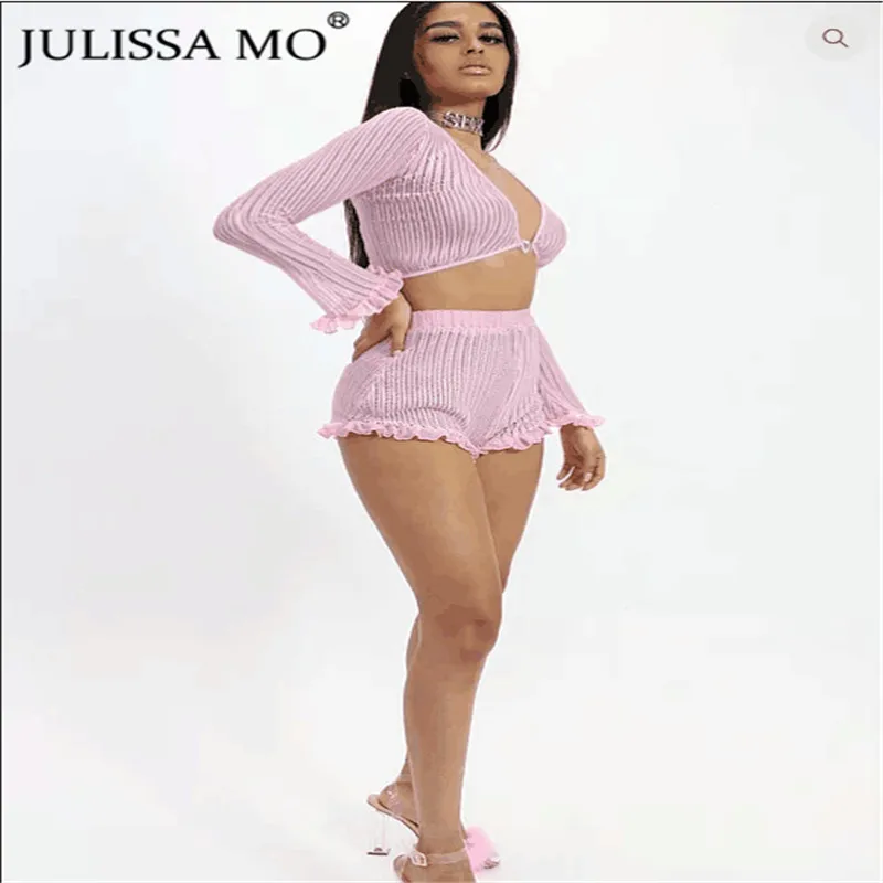 JULISSA MO Elegant Pink Sexy V Neck Playsuits Women Ruffles Long Sleeve Rompers Summer Beach Two Piece Set Short Jumpsuits