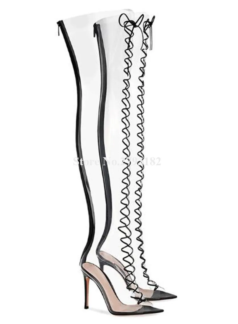 Newest Women Pointed Open Toe Clear PVC Over Heel Stiletto Gladiator Boots Lace-up Transparent Long High | Обувь