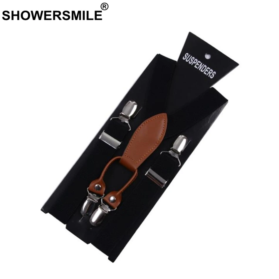 SHOWERSMILE подтяжки для женщин, кожаный сплав, 4 зажима, подтяжки, желтые тиранты, женские подтяжки для взрослых, подтяжки для брюк - Цвет: black