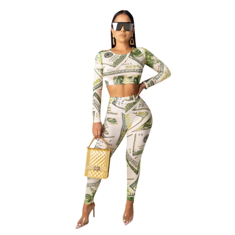 

Green Backs Printed Two Piece Set Crop Top And Pants Sweat Suit Sexy Casual Bandage Outfits For Women Bodycon Bodysuit Costumes