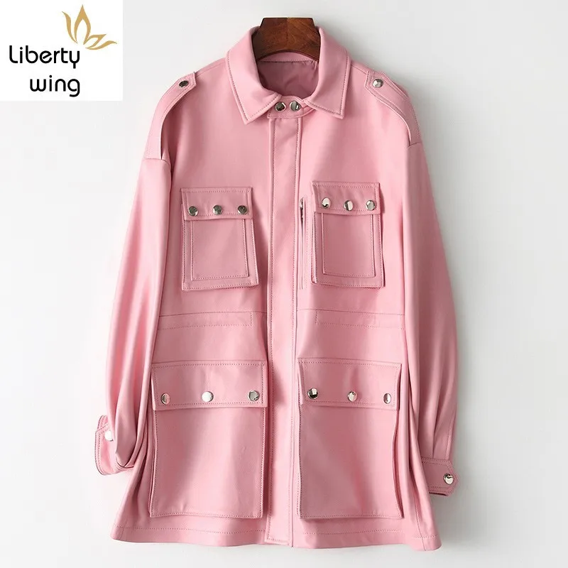 

Sweet Pink Peter Pan Collar Womens Sequined Pockets Jackets Medium Length Zipper Genuine Leather Female Casual Outerwear Coats