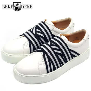 

High Quality Elastic Band White Shoes Men Luxury Slip-On Genuine Cow Leather Platform Sneakers Loafers Teenagers Mocassin Homme