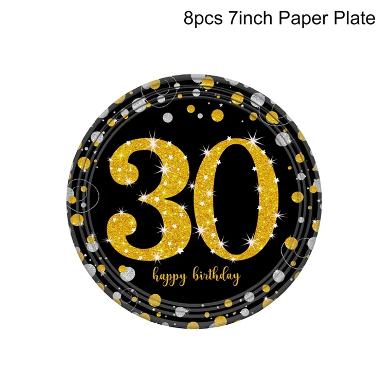 Paper Plate HUIRAN Черное золото 30th 40th 50th День Рождения украшения для взрослых 30 40 50 Happy Birhtday Декор события партия поддерживает поставки - Цвет: Paper Plate