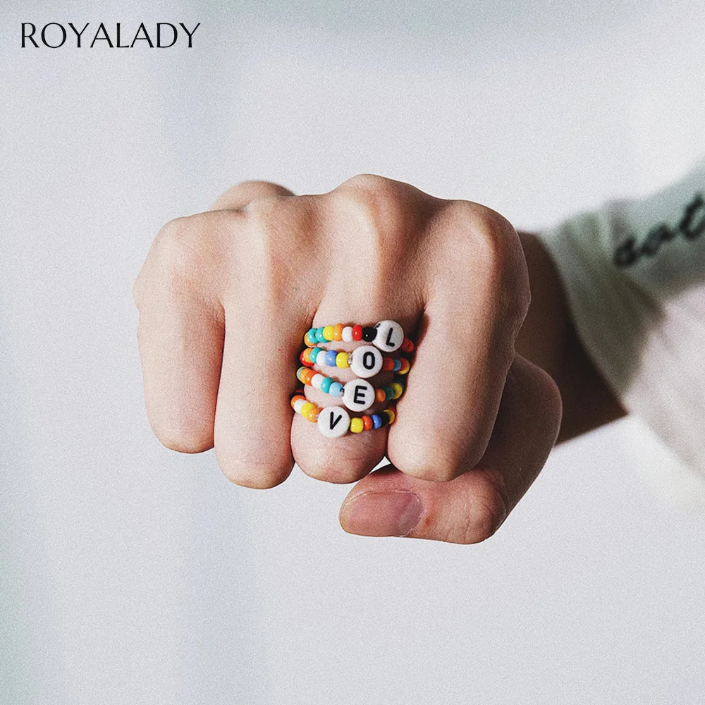 

Simple Diy LOVE Letters Ring Set Women Handmade Colorful Rainbow Acrylic Stackable Beads Rings Femme Friendship Finger Ring Gift