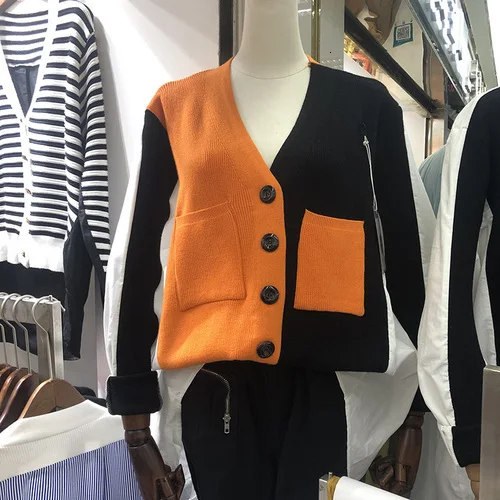 Orange Осень, новинка, женский свитер, пальто, дикая Повседневная мода, v-образный вырез, полосатый кардиган, пальто, женское, длинный рукав, женская одежда F781 - Цвет: Orange