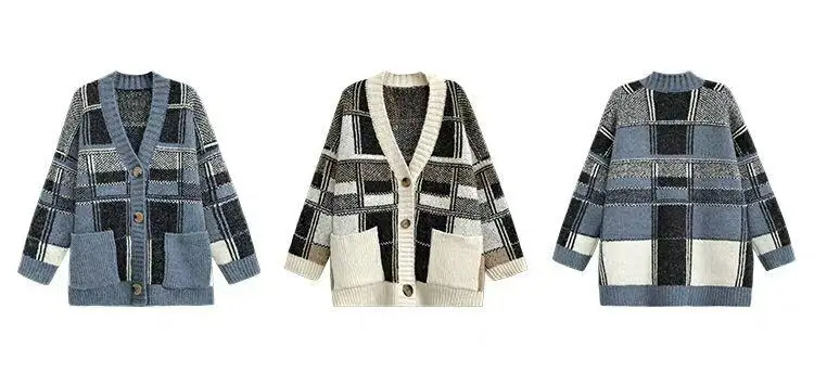 Neploe/Винтажный вязаный кардиган для женщин; Свободный Повседневный стиль; лоскутный клетчатый свитер; пальто с v-образным вырезом; длинный рукав; контрастный цвет; 46758