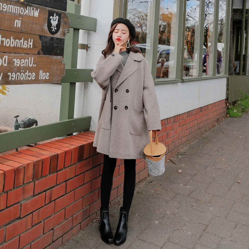 

Photo Shoot 2019 Autumn And Winter New Style WOMEN'S Dress Retro Laziness-Style Herringbone Double Breasted Mid-length Loose-Fit