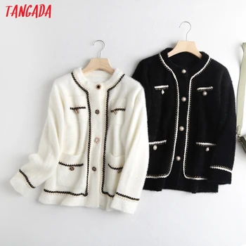 

Tangada Women Thick Warm Knitted Cardigan Sweater Vintage Long Sleeve Button Pocekt Female Outerwear Chic Tops 1M14