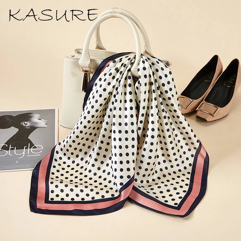 

Kasure Square Silk Feeling Hijab Women Scarf Polka Dot Printed Handkerchief Bandana head Shawls Ladies Bag Decoration Tie Scarf
