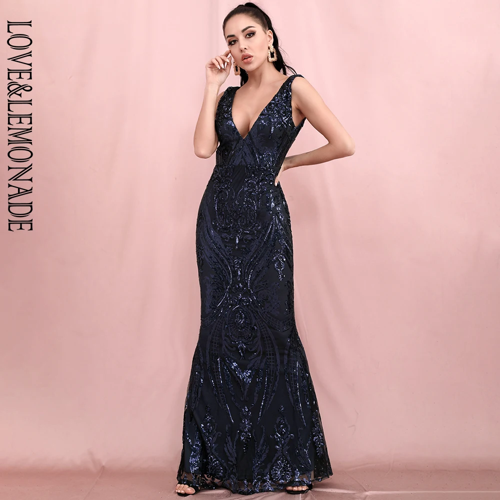 Sexy Deep V-Neck Open Back Navy Geometric Sequin Bodycon Fishtail Maxi ...