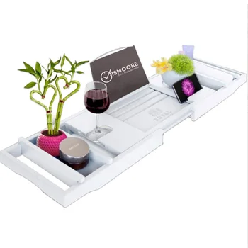 

Wood Bamboo Bathtub Caddy Tray with Wine and Book Holder Two Person Bath Tray with Extending Sides White