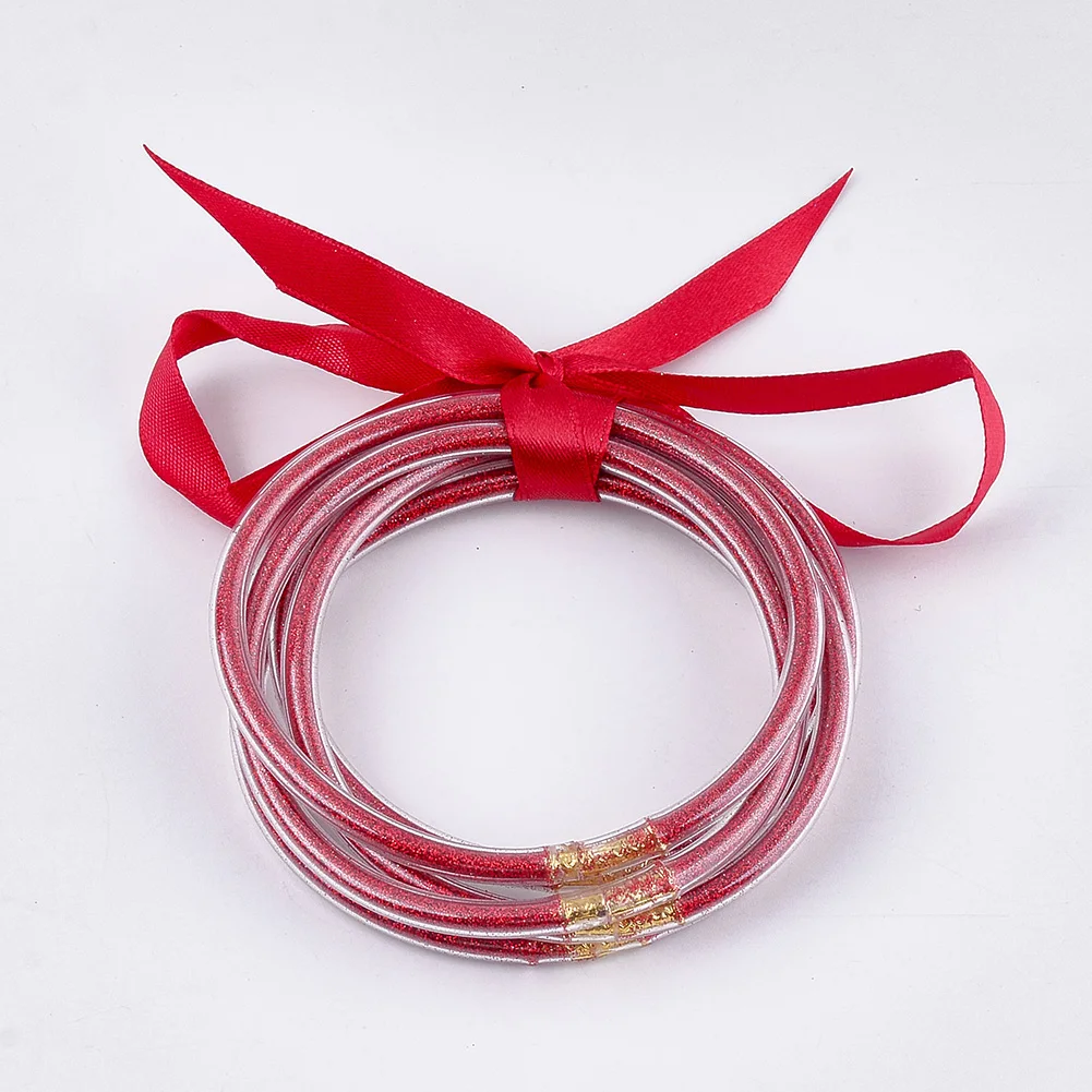 5sets/lot Polyester Ribbon Bow-knot Glitter Bangles Colorful Plastic Bracelet Bangle Sets For Women Girls Trendy Jewelry Gift