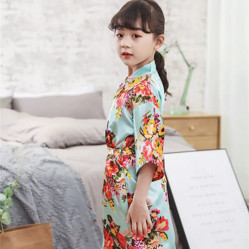 High Quality Kids Girls Print Bathrobe Thin Breathable Satin Smooth Night-robe with Belt for Summer