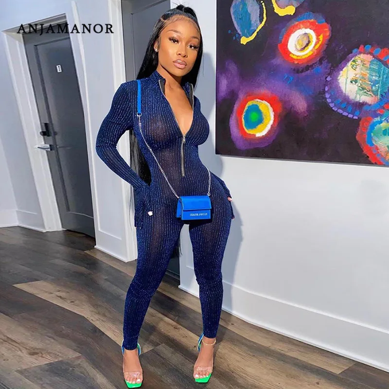 ANJAMANOR Striped Sheer Shiny Jumpsuit Women Fashion 2020 Zipper Front Long Sleeve Bodycon One Piece Outfits Club Wear D87-EI28 ANJAMANOR Striped Sheer Shiny Jumpsuit Women Fashion 2020 Zipper Front Long Sleeve Bodycon One Piece Outfits Club Wear D87-EI28