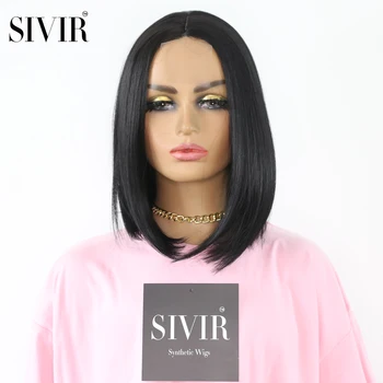 

Sivir Short Bob wig Straight Part Lace Synthetic Wig Natural Black Wigs for women Middle Parting wigs Heat Resistant Hair wig